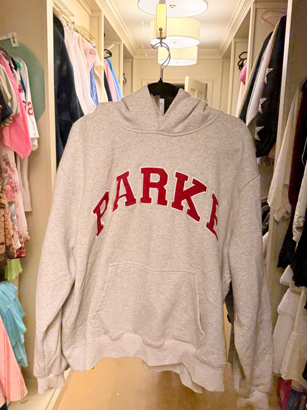 Parker Gray Hoodie with Red Lettering